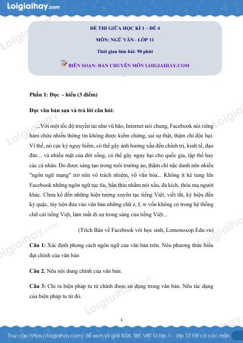 Đề kiểm tra giữa học kì I Ngữ văn 11 - Đề số 4 có lời giải chi tiết